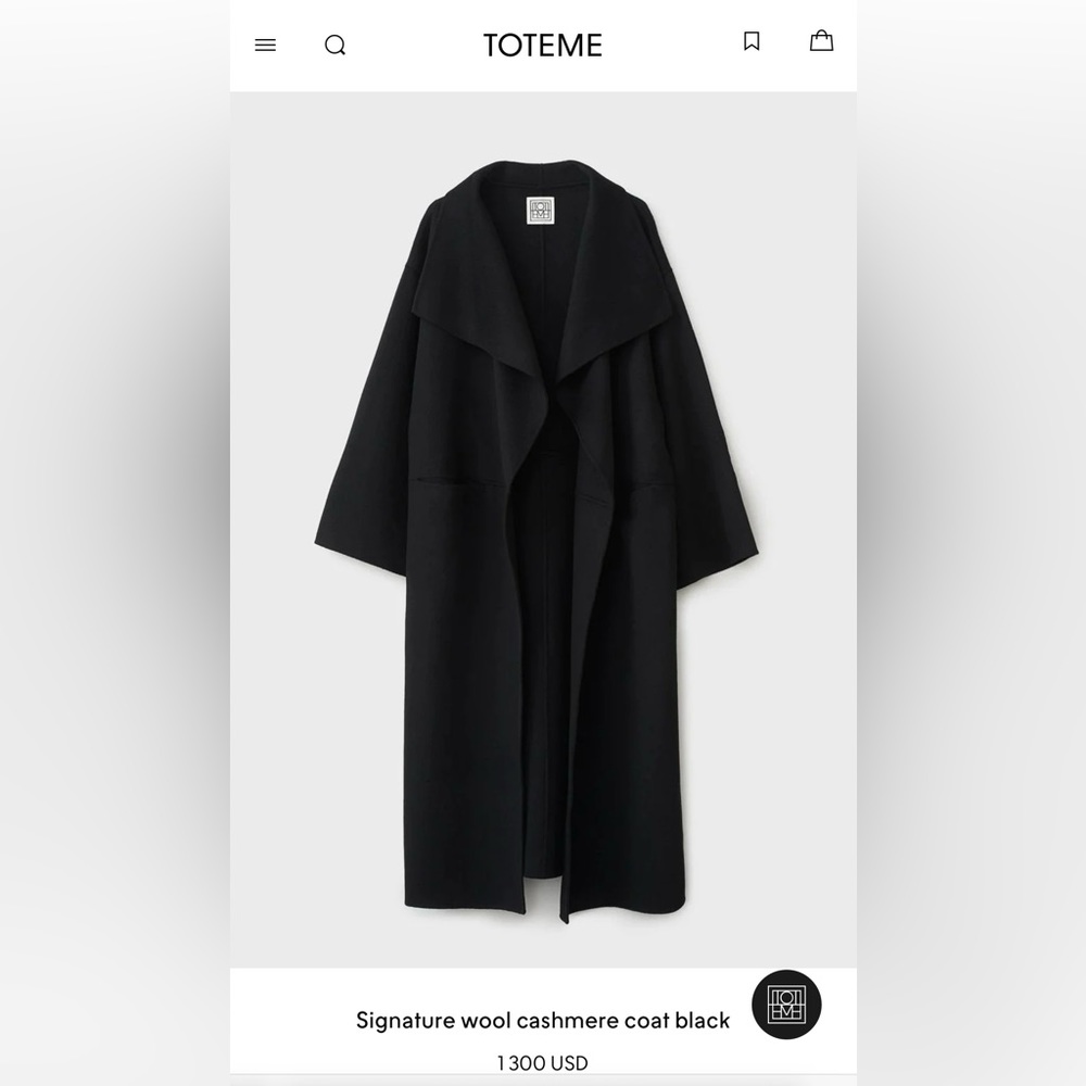 Authentic Toteme Signature Black Wool Cashmere Coat Minimalist Outerwear Size XS